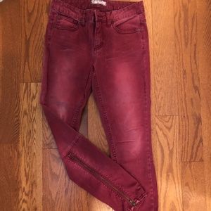 Free people red wash jeans with zipper detail